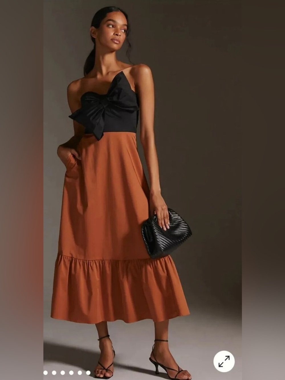 Anthropologie Hutch Bow Tie Strapless Maxi Dress Brown Black A-Line Size 6